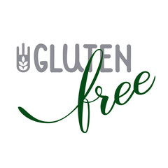 Text "Gluten free" and simbolic ear. Handwritten  lettering. White background. Vector illustration for logo, poster, icon, label, print and web project.