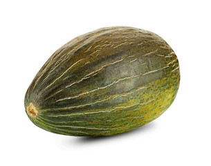 Delicious green tendral melon isolated on white background with copy space for text or images. Side view. Close-up shot.