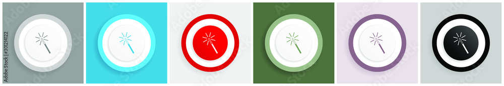Aufkleber magic wand icon set, colorful flat design vector illustrations in 6 options for web design and mobil