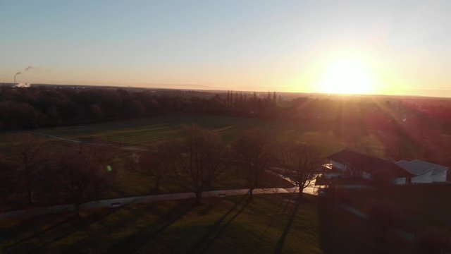 Coventry War Memorial Park City Of Culture Drone Aerial View Flying Into Sunrise Winter.