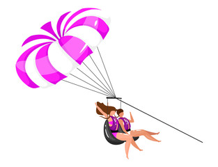 Parasailing flat vector illustration. Extreme sports experience. Active lifestyle. Summer vacation fun activities for couple. People on parachute isolated cartoon character on white background