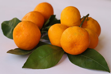 Fresh natural tangerines on a white background.