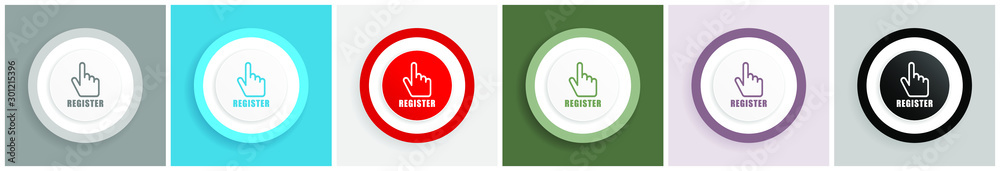 Aufkleber Register icon set, colorful flat design vector illustrations in 6 options for web design and mobile applications