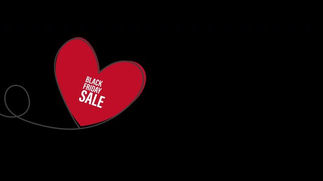 Black Friday Sale with glitch Heart shaped balloon in continuous drawing lines in a flat style in continuous drawing lines. Animation with Alpha (transparent background) for easy use in your video