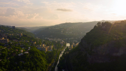 Old rusty and functioning ropeway or cable car cabins in Chiatura. Mine at Ropeway station Rgani