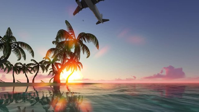 Plane takeoff 3d realistic footage. Aircraft flying over tropical coast, moving sea tides motion video. Flight at beach sunset. Airplane voyage and ocean wave vibration movement animation