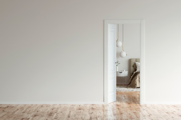 Empty room with an open door to a beige modern bedroom. 3d illustration - Powered by Adobe