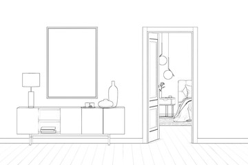 Sketch of modern interior with a picture and a cabinet with an open door. 3d illustration