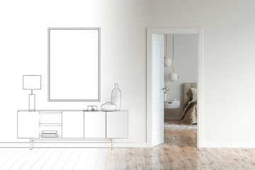 Sketch of modern interior with a picture and a cabinet with an open door became a real interior. 3d illustration