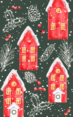 Winter red houses covered in snow with sketch winter ornaments. Conifer cone, berries and fir tree leaves. Vector
