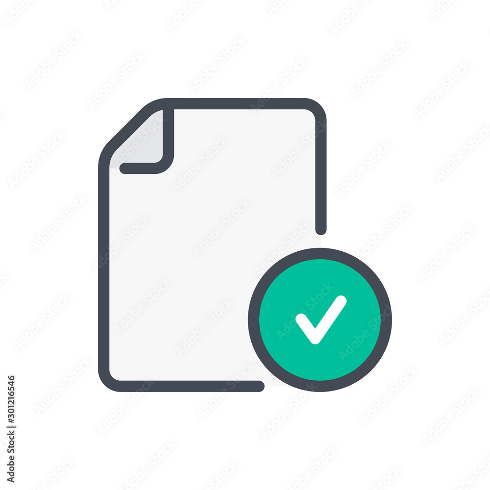 Poster Approve file color line icon. Document with check mark vector outline colorful sign.