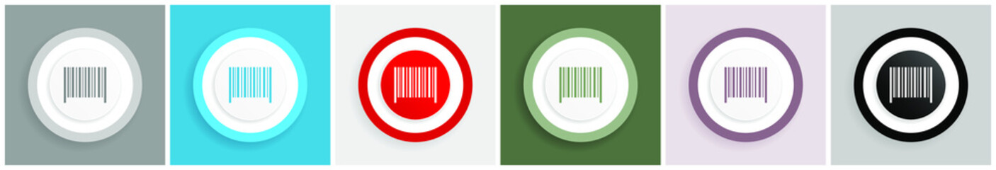Barcode icon set, colorful flat design vector illustrations in 6 options for web design and mobile applications