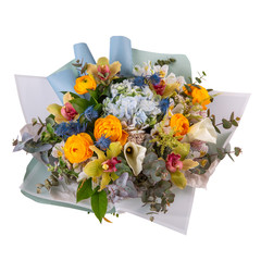 Bouquet of orchids and yellow roses in multicolored paper