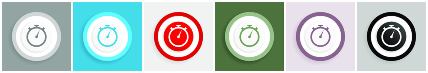 Stopwatch icon set, colorful flat design vector illustrations in 6 options for web design and mobile applications