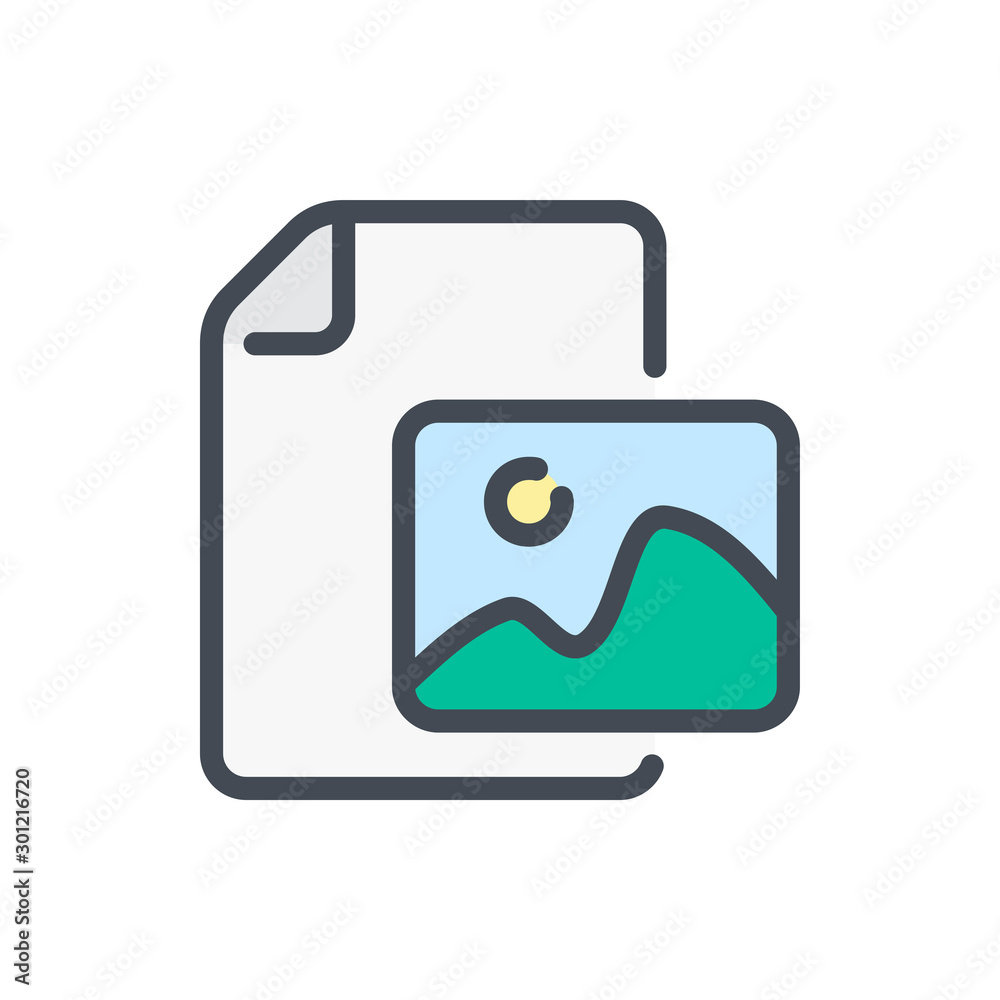 Poster image file color line icon. document with photo directory vector outline colorful sign.