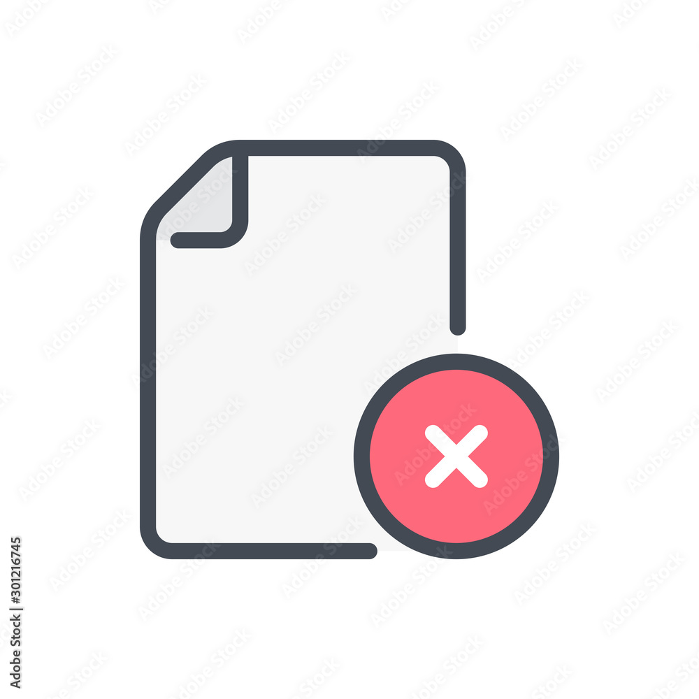 Poster error file color line icon. document with x cross vector outline colorful sign.