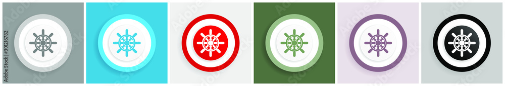 Poster Ship wheel icon set, colorful flat design vector illustrations in 6 options for web design and mobile applications
