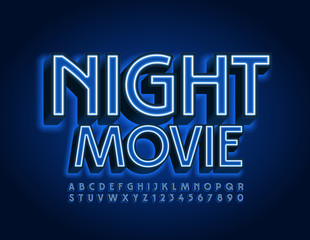 Fototapeta na wymiar Vector stylish banner Night Movie. Retro style FOnt. Glowing Blue Alphabet Letters and Numbers