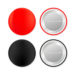 Pin badges. Red and black round blank button. Souvenir magnet badging mockup. Vector stock illustration.