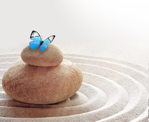 zen garden meditation stone background and butterfly with stones and lines in sand for relaxation...