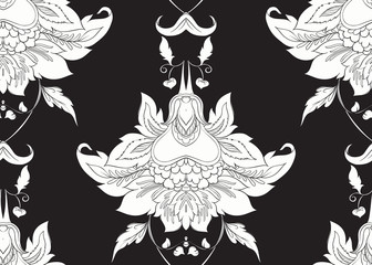 Seamless pattern with stylized ornamental flowers in retro, vintage style. Jacobin embroidery. Black-and-white graphics. Vector illustration.