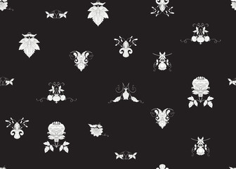 Fototapeta na wymiar Seamless pattern with stylized ornamental flowers in retro, vintage style. Jacobin embroidery. Black-and-white graphics. Vector illustration.