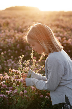 Girl smelling flowers in a clover field