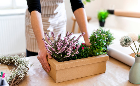 close up of woman with flowers inside a cardboard box on table