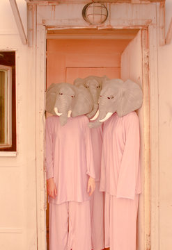 Three people in pink clothing with elephant heads in doorway