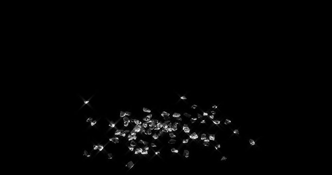 Crystal burst 3d realistic footage. Falling and breaking crystalline geometric shape motion video. Transparent glossy shapes on black background. Grain smashing up movement animation