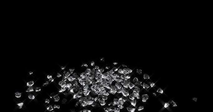 Crystal burst, glossy shape scattering 3d realistic footage. Dropping and falling to pieces crystalline geometric shape motion video. Transparent grains on black background movement animation