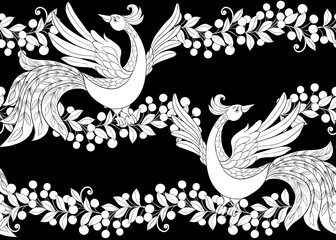 Fantasy floral seamless pattern with bird in jacobean embroidery style, vintage, old, retro style. Black-and-white graphics. Vector illustration.