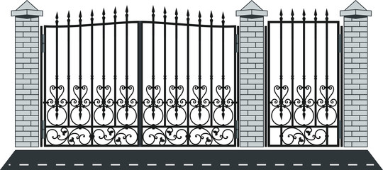 Cast Iron Gate on isolated background. Swirl fence wrought. Decor template. 