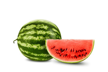 Green, striped watermelon with slice isolated on white, copy space for text, images. Cross-section. Berry with pink flesh, black seeds. Close-up.