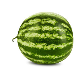 Green, striped watermelon isolated on white background with copy space for text or images. Side view. Close-up shot.