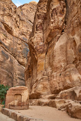 Siq sandstone canyon in ancient city of Petra, Jordan