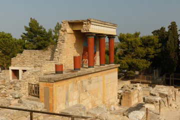 The North Entrance of the Palace with charging bull fresco in Knossos at Crete, Greece