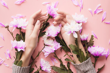 Obraz na płótnie Canvas Delicate young hands on a pink pastel background in a sweater with chrysanthemum flowers in the sleeves. Winter body care concept, moisturizing and wrinkle prevention. Natural ingredients