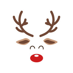 Reindeer red nosed cute close up face isolated white background. Christmas card
