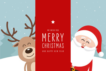 Santa and reindeer cute cartoon with greeting behind red banner sign winter landscape background. Christmas card © Pixasquare