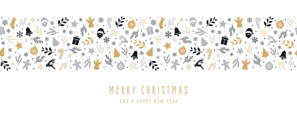 Christmas icon elements border decoration card with greeting text seamless pattern isolated white background.