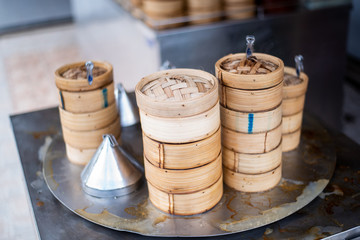 yumcha, dim sum in bamboo steamer, chinese cuisine