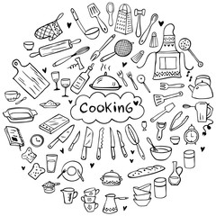 Set of doodle kitchen tools on white background. Doodle kitchen equipments. Vector illustration. Can be used for wallpaper, pattern fills, textile, web page background, surface textures.