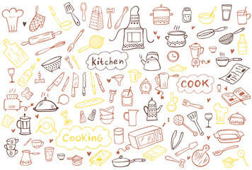 Set of color doodle kitchen tools on white background. Doodle kitchen equipments. Vector illustration. Can be used for wallpaper, pattern fills, textile, web page background, surface textures.