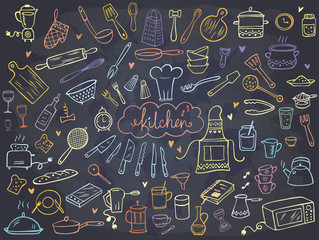 Set of colorful doodle kitchen tools on chalkboard. Vector illustration. Perfect for wallpaper, pattern fills, textile, web page background, surface textures.