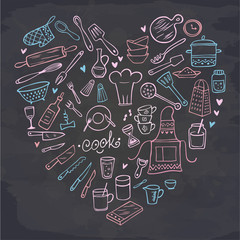 Heart of kitchen tools on chalkboard. Doodle. Vector illustration. Perfect for dessert menu or food package design.