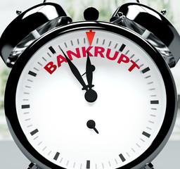 Bankrupt soon, almost there, in short time - a clock symbolizes a reminder that Bankrupt is near, will happen and finish quickly in a little while, 3d illustration