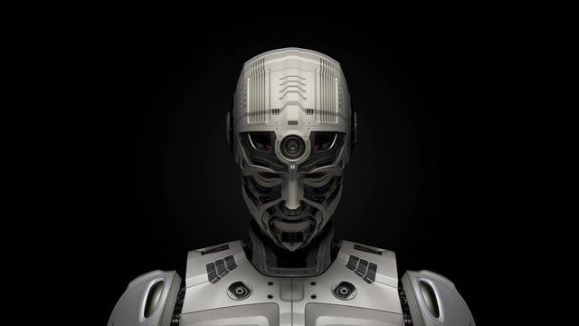 3d rendering of a very detailed futuristic robot or humanoid cyborg being activated or switched on while the camera with the light slowly approaches. Isolated on balck background.