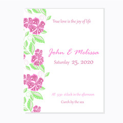 Floral wedding invitation, pink flower, green leaves, vector card template on white background hand drawn beautiful stock vector illustration for web, for print