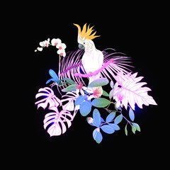 A composition of tropical plants, palm leaves, monsters and white orchids with cockatoo parrot In botanical style Colored vector illustration in neon, fluorescent colors. Colored and outline design. © Elen  Lane